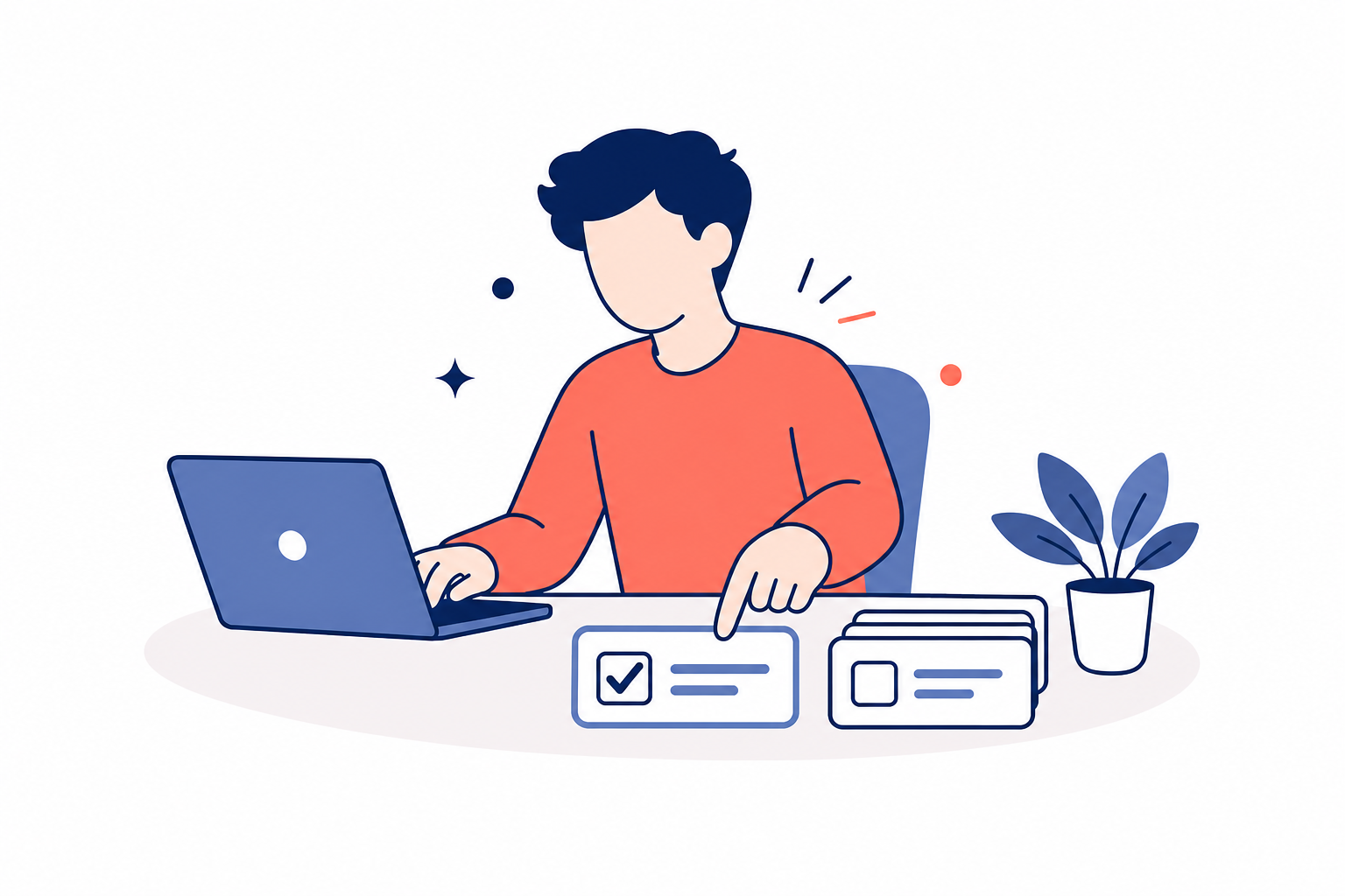 タスクを選び、パソコンで作業を始める人のイラスト